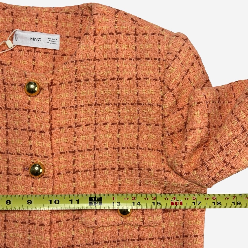 Mango MNG Short Tweed Blazer Orange Goldtone Button Details Size S NEW - Picture 7 of 15